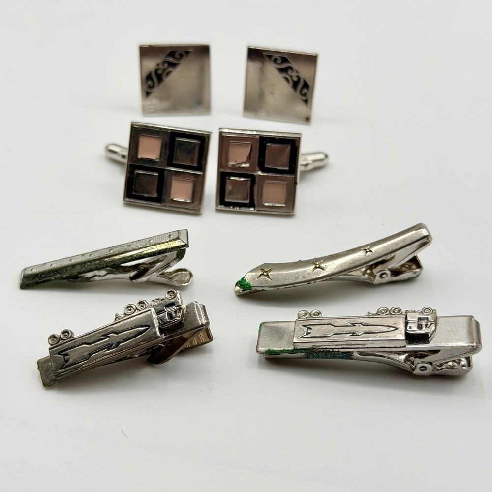 Vintage Mens Cufflinks and Tie Bar Lot Silver Tone Geometric Trucker 6pc Set